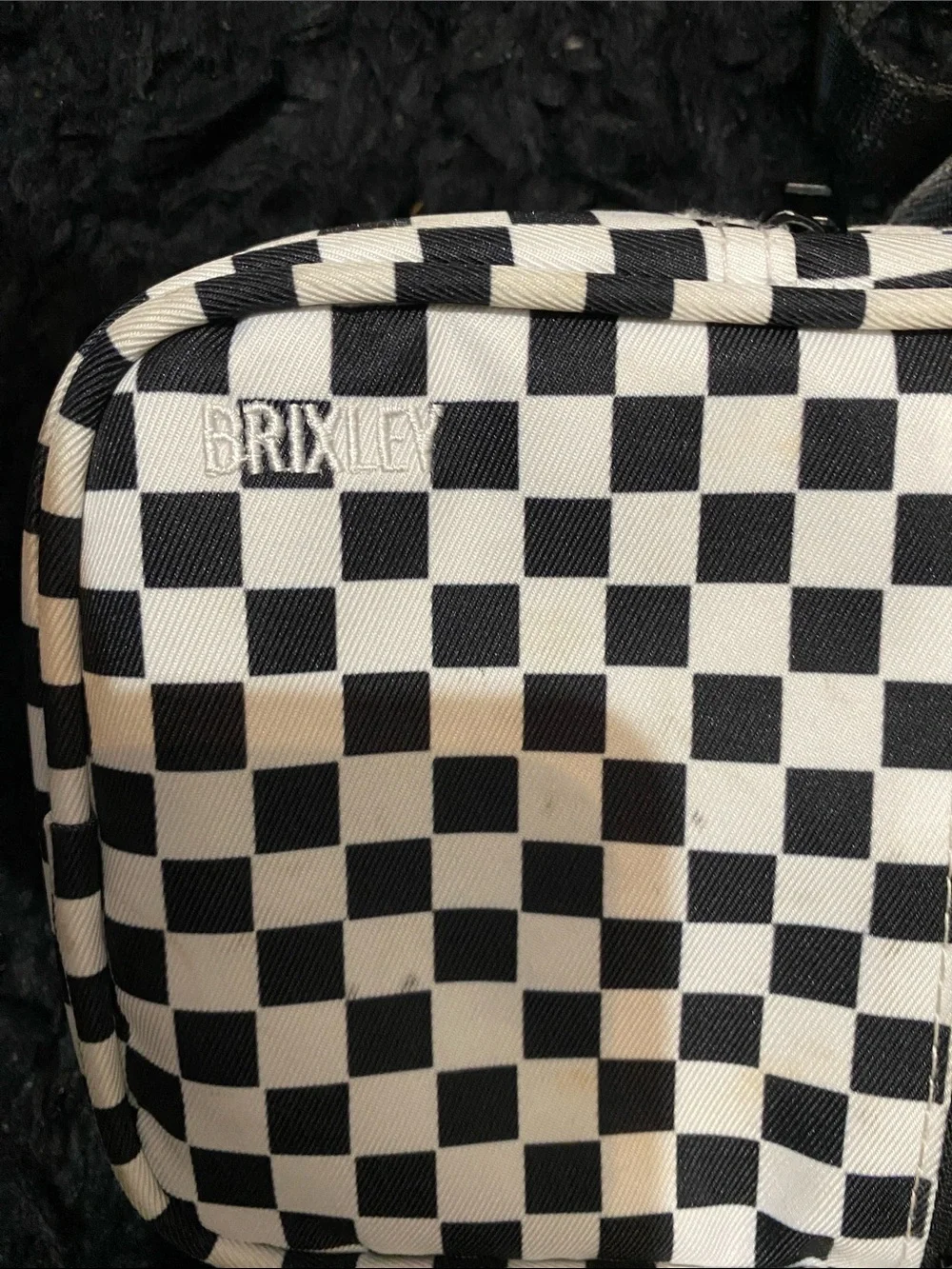 Brixley Rally Checked Crossbody Mini Bag with Black Strap in Black and White